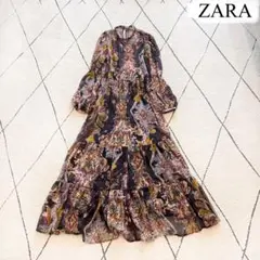 【美品】ZARA 透け感 シフォン フラワー ロングワンピース 裏地あり 総柄