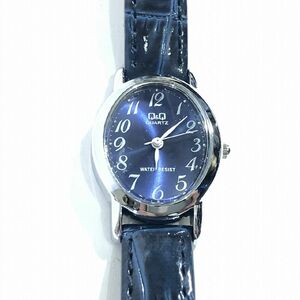 ■シチズンQ&Qの《美品》ワニ革の型押し ベルト シンプル アナログ腕時計 青 t0