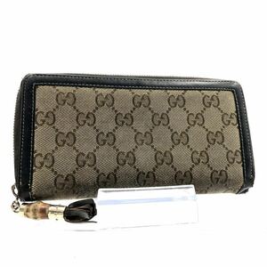 GUCCI グッチ　バンブー　GGキャンバス×レザー ラウンドファスナー　イタリア製　刻印あり　ベージュ×ダークブラウン　タッセル