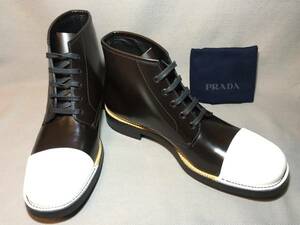 新品 プラダ コレクション レザー ブーツ 10 PRADA 革靴 茶 ブラウン 白 シューズ