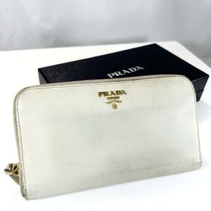 1円〜 プラダ PRADA 長財布 レザー ラウンドファスナー ジップ 三角ロゴ プレート レディース メンズ 白 ホワイト 箱つき