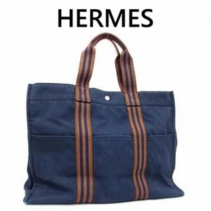 HERMES エルメス フールトゥGM キャンバストートバッグ ショルダー ネイビー系×ブラウン系 4112