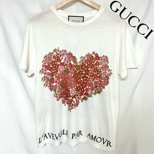 GUCCI グッチ フラワー ハート バード プリント Tシャツ イタリア製 コットン レディース　M ホワイト　オフホワイト　花柄