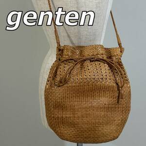 【genten】ゲンテン 巾着型 メッシュレザー ショルダーバッグ 本革 斜め掛け かばん 茶 キャメル ブラウン