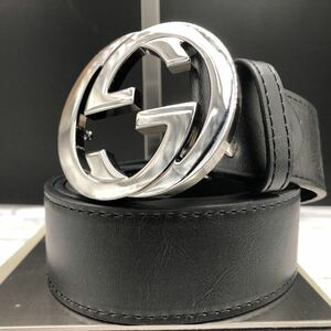 1円【美品/最高級】GUCCI グッチ ベルト インターロッキング デカロゴ GG ブラック 黒 シルバー金具 通勤 通学 仕事 ビジネス メンズ 4cm幅