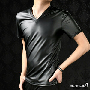 9#193201a-1bk BLACK VARIA 光沢 ストレッチ スリム 半袖 Vネック Tシャツ メンズ 日本製 無地 (マットブラック黒) XL シンプル インナー