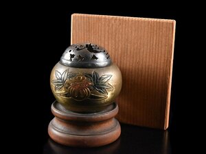 【雲】某資産家買取品 中国古玩 唐物 古銅 銀火屋香炉 高さ7.5cm 唐木台 箱付 古美術品(旧家蔵出)BA9794 UTDkjh