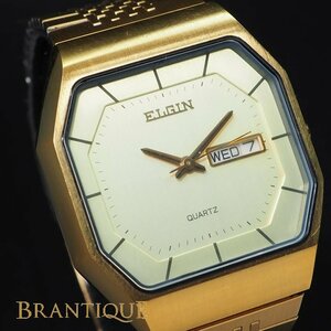 ELGIN エルジン QZ クォーツ デイデイト ゴールド系 オクタゴン型 社外ブレス メンズ 腕時計 「23404」