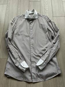 【美品】リングヂャケットブラウンストライプクレリックコットンドレスシャツ 39サイズ（Mサイズ）エリッコフォルミコラサンタンジェロ