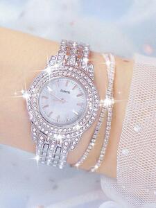 腕時計 レディース セット 1個 女性 シルバー 亜鉛合金 ストラップ グラマラス ラインストーンデコレーション 丸い ダイヤルク