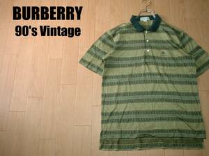 90sビンテージBURBERRYジャガード柄ワンポイント刺繍ポロシャツ美品Lコットン正規オールドバーバリーBurberrys