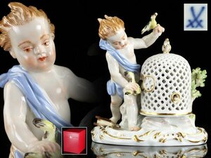 魁◆コレクター放出品 本物保証 Meissen マイセン 希少「小鳥と戯れる天使（四大元素：空気）」陶器人形 原形作 専用箱