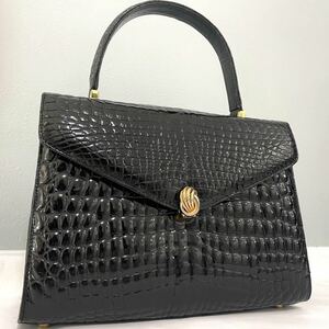 【美品】シャイニング クロコダイル 本革 ハンドバッグ ブラック 金具