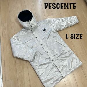 DESCENTE デサント　ベンチコート　裏ボア　メンズ　Lサイズ　パールホワイト　サッカー　スポーツ　観戦　防寒着　ロングコート　光沢　白