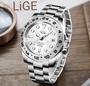 LIGE スポーツオマージュウォッチ 防水機能 ステンレスベルト メンズ腕時計 ホワイト！純正BOX付き　セール！