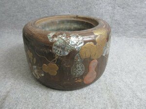 蒔絵 桐火鉢 [B32465] 高さ19.5cm 直径30cm 瓢箪図 螺鈿 手あぶり 茶道具 漆芸