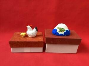 【清水豆人形】杉谷マサ　土人形　鳥　鶏　にわとり　ひよこ　鶏の親子　富士に辰　共箱あり　郷土玩具