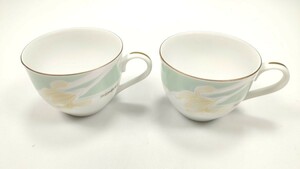 6 イヴ サンローラン マグ カップ 2点 セット ペア モスグリーン 白 黄色 花柄 YVES SAINT LAURENT◆コーヒー 紅茶 ティー 茶 陶 器 陶磁