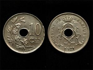 【ベルギー】 10サンチーム 1921年 白銅貨 Belgique 穴あき