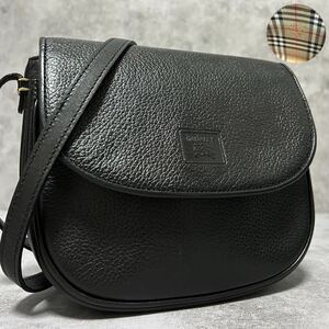 1円●極美品●Burberrys バーバリーズ ノバチェック レザー 本革 ショルダーバッグ ポシェット 斜め掛け クロスボディ ブラック 黒