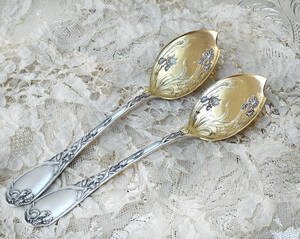 Puiforcatアイリス意匠純銀アイスクリームスプーンペア 特級品/純銀950/フレンチアンティーク/1800年後期/ピュイフォルカ