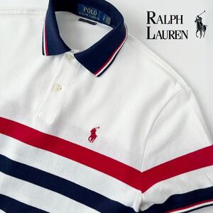 (美品) ラルフローレン RALPH LAUREN ポロシャツ SP 170/92A SLIM FIT (日本M)ホワイト レッド ネイビー ボーダー 半袖 鹿の子 シャツ 