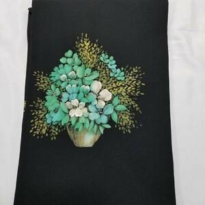 【桐輪】逸品物＊美品｛正絹*塩瀬地*手描き染*九寸名古屋帯｝*黒地*花籠の花模様*お太鼓柄*№4058