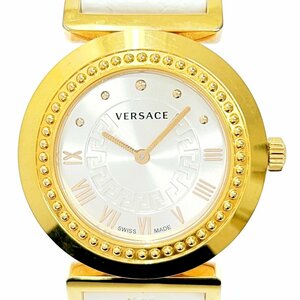 【1円スタート】VERSACE ヴェルサーチ P5Q ヴァニティ メデューサ GP×革ベルト シルバー文字盤 クオーツ メンズ腕時計 257104