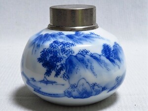 煎茶道具 錫口茶入 染付 茶心壺 山水文 茶道具　　　No.A55-0406