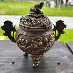 香炉 三足 骨董 古美術 中国古玩 三足香炉 銅製 真鍮 蛙