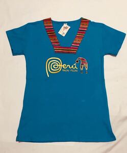 マチュピチュ　ペルー製　新品　ロゴ刺繍　Tシャツ　カットソー　民族織物　ブルー　レディース　Sサイズ