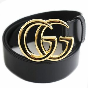 未使用品●定価74800円 GUCCI グッチ 406831 GGマーモント シャイニーバックル レザーベルト ブラック×ゴールド 85・34 イタリア製 メンズ