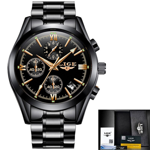 Lige メンズ 腕時計 高品質 クロノグラフ 防水 ウォッチ ファッション ビジネス 時計 ステンレス ブラック × ブラック