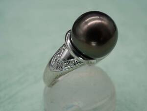 【1481】SILVER シルバー 本真珠 パール リング 指輪 アクセサリー フリーサイズ ダイヤモンド付 TIA