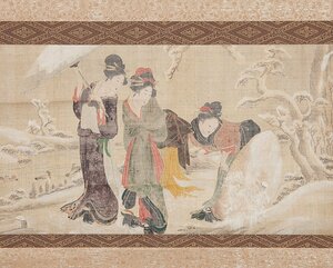 【五】伝喜多川歌麿筆 『雪中美人図』 絹本 彩色 掛軸 箱付 二重箱
