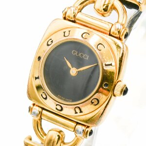 1円 稼働 GUCCI グッチ 6300L ホースビット ゴールド QZ クオーツ ブラック 黒文字盤 GP 腕時計 レディース レザーベルト 238220240326