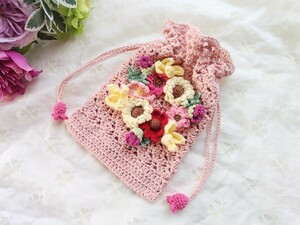 ◎Crochet 巾着 スマホケース 通帳入れ 小物入れ 携帯 カバー 手編みポーチ コットン レース編み ハンドメイド ５５◎