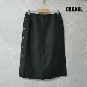美品 CHANEL シャネル サイズ36 麻 リネン100％ 台形スカート ラップスカート 巻きスカート ロング丈 サイドボタン 黒 ブラック