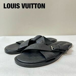 HH0029★10 Louis Vuitton ルイヴィトン ダミエ レザー 総柄 メンズ サンダル シャワーサンダルシューズ 靴 黒 ベルト 金具 8サイズ FD0173