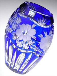 n855 ドレスデン クリスタル 青被せ カット フラワーブーケ ベース 花瓶 飾壷