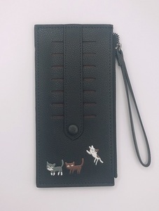 (0100) 猫デザイン 高級フェイクレザー 財布兼カードケース 長財布 サイフ カード入れ 薄型 スマホ入れ ストラップ 男女兼用 (黒)