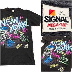 90’s NEW YORK ニューヨーク USA製 タギング 落書き ヴィンテージ Tシャツ ネオンカラー 蛍光 墨黒 MEGA TEE SIGNAL WILD OATS HIPHOP RAP