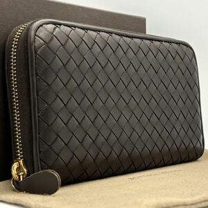 1円【美品】BOTTEGA VENETA ボッテガヴェネタ イントレチャート ラウンドファスナー 長財布 財布 ダークブラウン　レザー メンズ