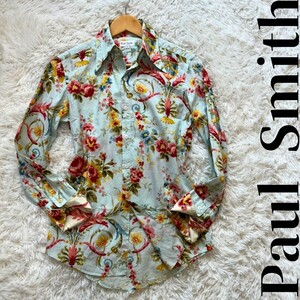 未使用級 春夏向け 総花柄【Paul Smith】長袖シャツ 100％コットン 日本製 爽快カラー サイズS ポールスミス