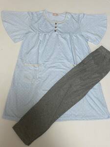 未使用 fer a repasser 可愛いパジャマ ルームウェア ドット柄水色×グレー 半袖フレア袖 M～L