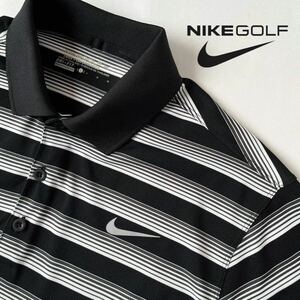 (美品) ナイキ ゴルフ NIKE GOLF DRY-FIT 吸汗速乾 ポロシャツ L ブラック ホワイト ボーダー柄 半袖 シャツ ゴルフウェア
