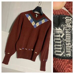 最初期 EVISU エビス Old Hampshire Bond オールドハンプシャーボンド アーガイル ダイヤ 柄編み　ウールニット セーター 山根英彦 M 赤紫