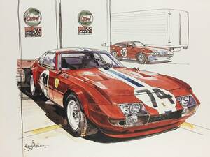 【正規品 絶版】Bowイラスト フェラーリ365 GTB4 カーマガジン 62 Ferrari 365 GTB4 アンティーク クラシックカー 旧車 絵