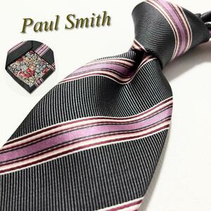 【美品】Paul Smith ポールスミス ネクタイ ストライプ柄 裏地花柄 ボタニカル マルチストライプ マルチカラー メンズ ハイブランド 高級