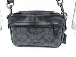 1円～【美品】COACH コーチ グラハムユーティリティ ボディバッグ F38749 シグネチャー柄 PVC レザー グレー系xブラック ブランド